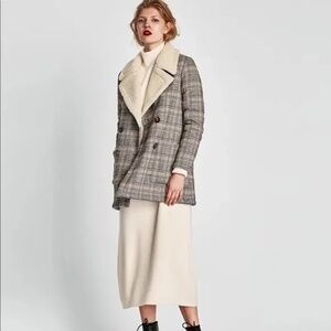 Zara Contrasting Plaid Sherpa Double Breasted Button Pocket Coat.